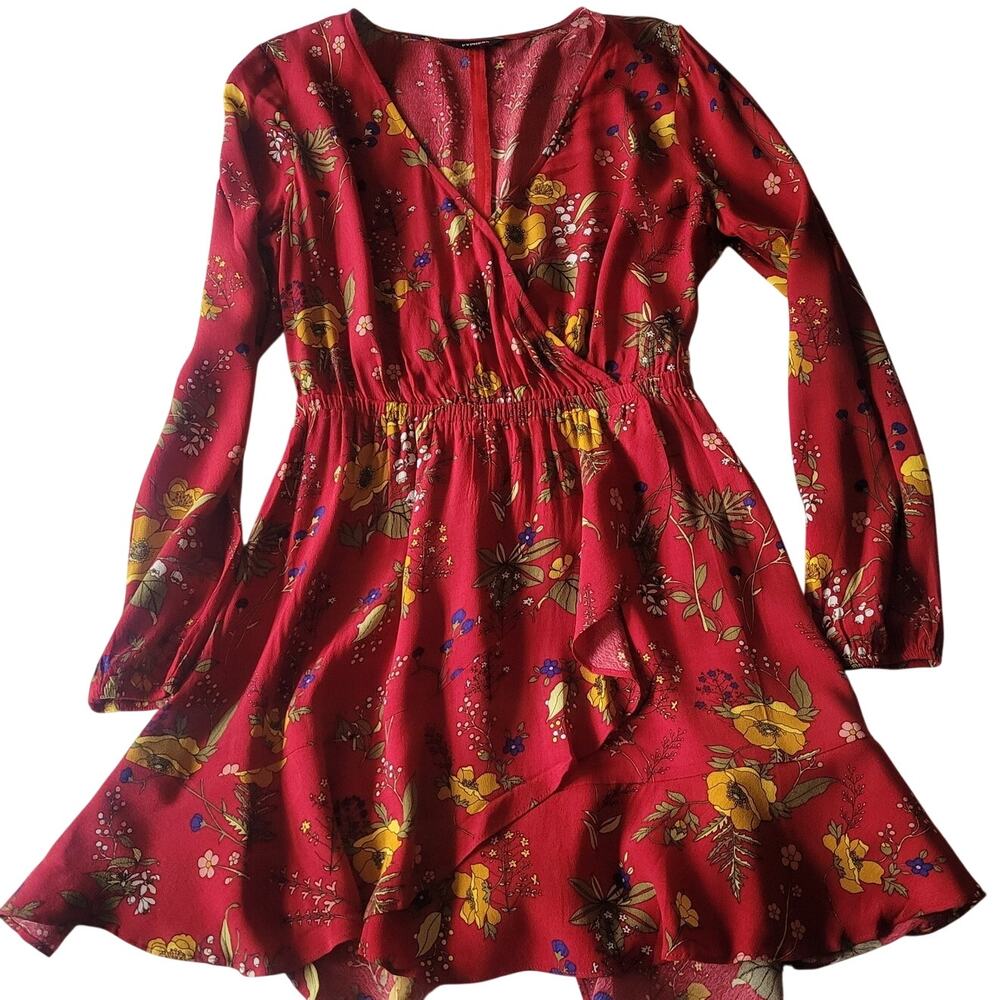 Express Red Floral Mini Dress Small Long Sleeve Boho Cottage Festival Y2K Femme